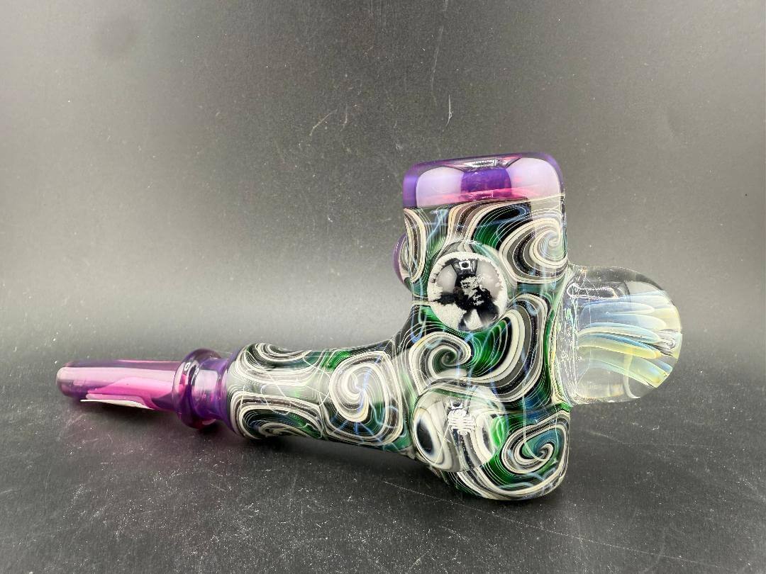 Highgrade Glass Hammer Pipe - Green , Black & White Line Work Corn Cob w/ Implosion & Millie Marbles
