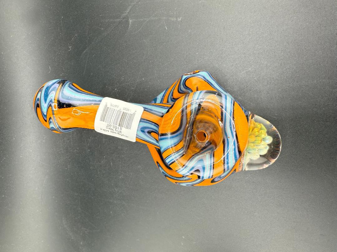Highgrade Glass Hand Pipe - Blue & Orange Wig Wag w/ Fumed Implosion Marble showcasing intricate color work and design.