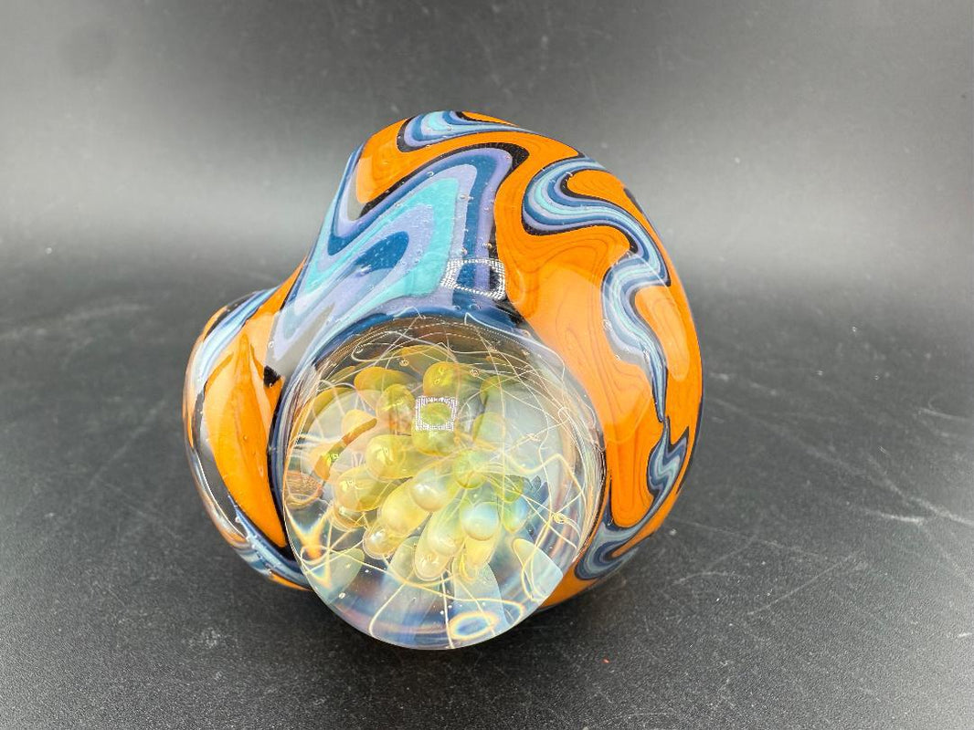 Highgrade Glass Hand Pipe - Blue & Orange Wig Wag w/ Fumed Implosion Marble with intricate patterns and stunning details.
