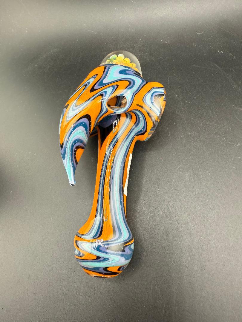 Highgrade Glass Hand Pipe - Blue & Orange Wig Wag w/ Fumed Implosion Marble with intricate colors and design.