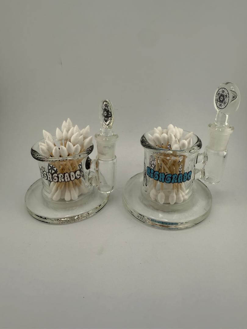 Highgrade Glass Isopropyl Station and Q Tip Jar with Q-tips, handcrafted in Spokane, WA, showcasing heady glass design.