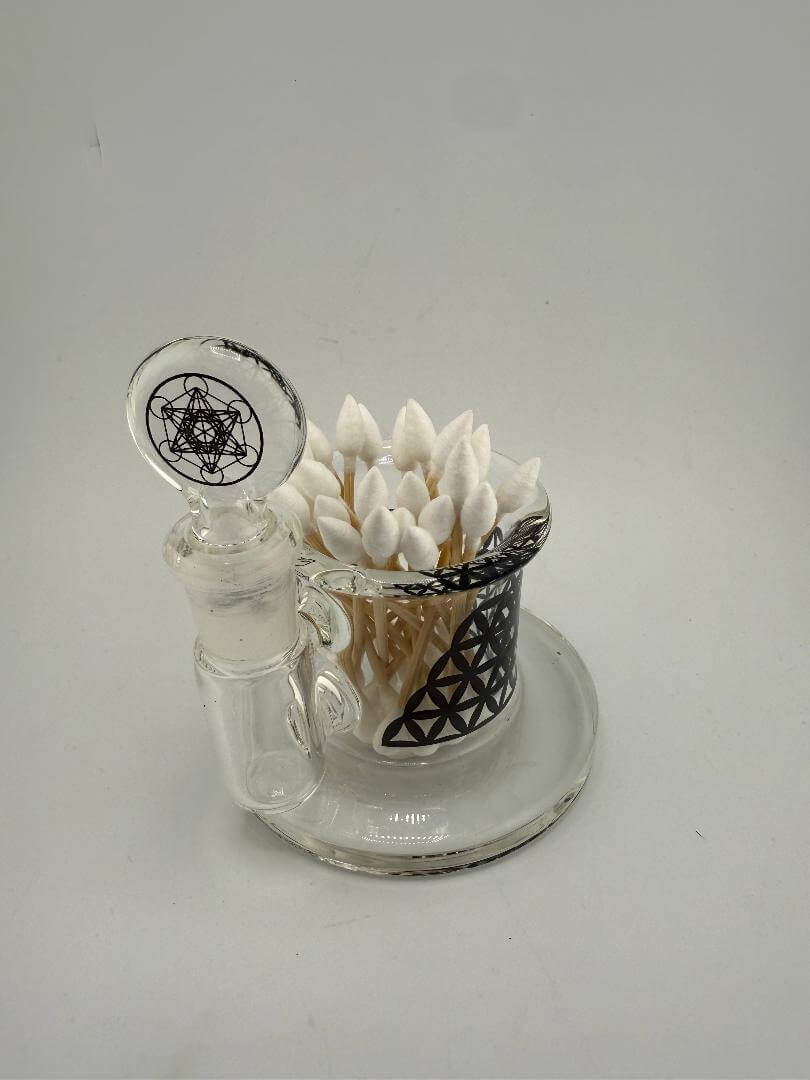 Highgrade glass isopropyl station Q-tip jar with geometric design, perfect for organized glassware maintenance.