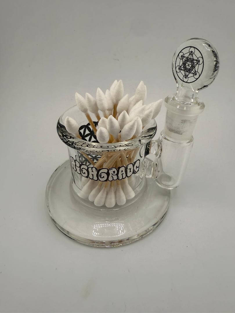 Highgrade Glass Isopropyl Station with Q-tips, perfect for keeping rigs clean and organized. Heady glass craftsmanship, Spokane, WA.