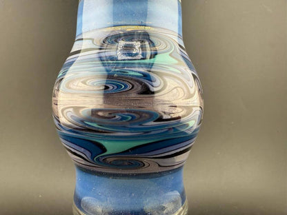 Highgrade Glass Large Jar - Blue & Purple Wig Wag w/ Implosion Marble Bottom showcasing vibrant colors and intricate design.