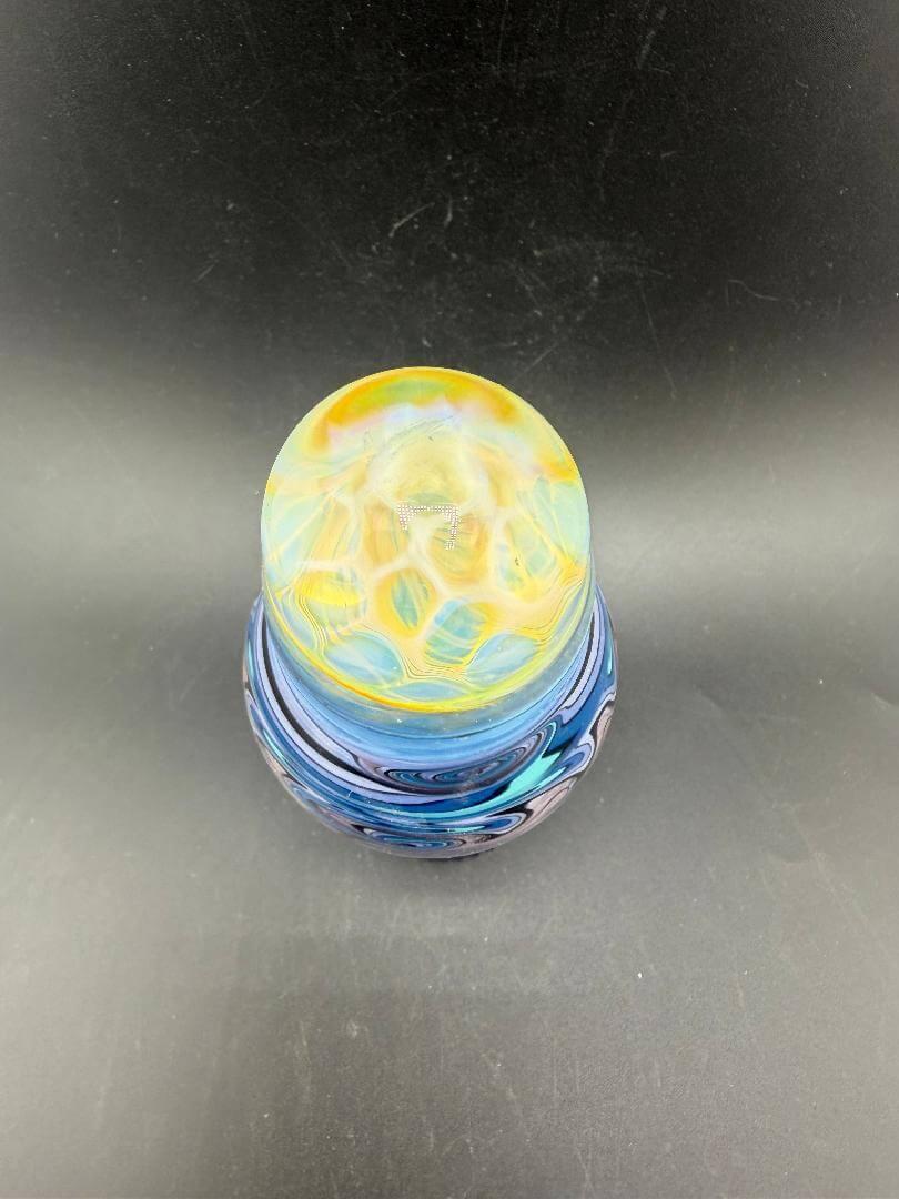 Highgrade Glass Large Jar - Blue & Purple Wig Wag w/ Implosion Marble Bottom top view showcasing vibrant colors.