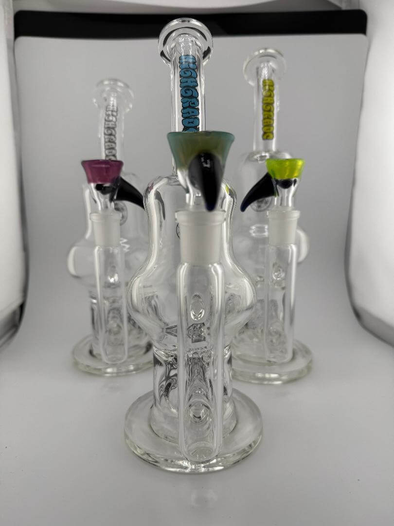 Highgrade Glass Larger Blooper 14mm 90° with color accent bowls showcasing heady American glass craftsmanship.