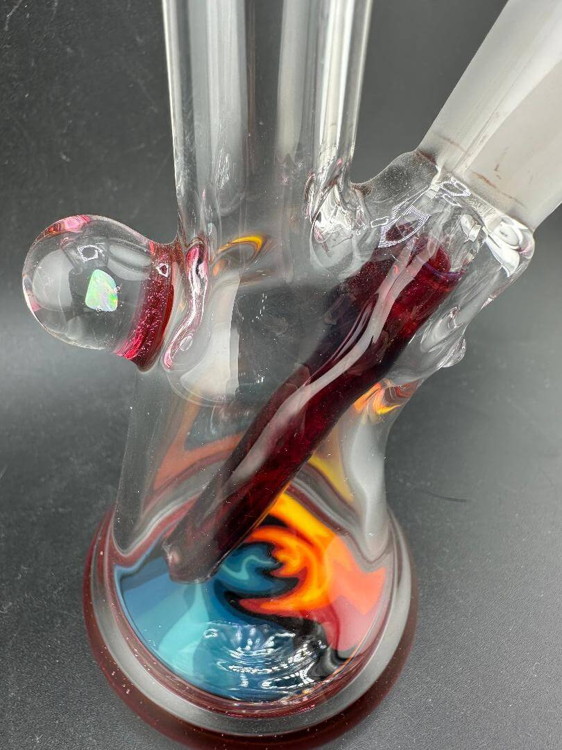 Highgrade Glass Mini Beaker - Color Accented Lip Wrap & Downstem w/ Wig Wag Reversal Bottom 10mm 45° top view showcasing vibrant design.