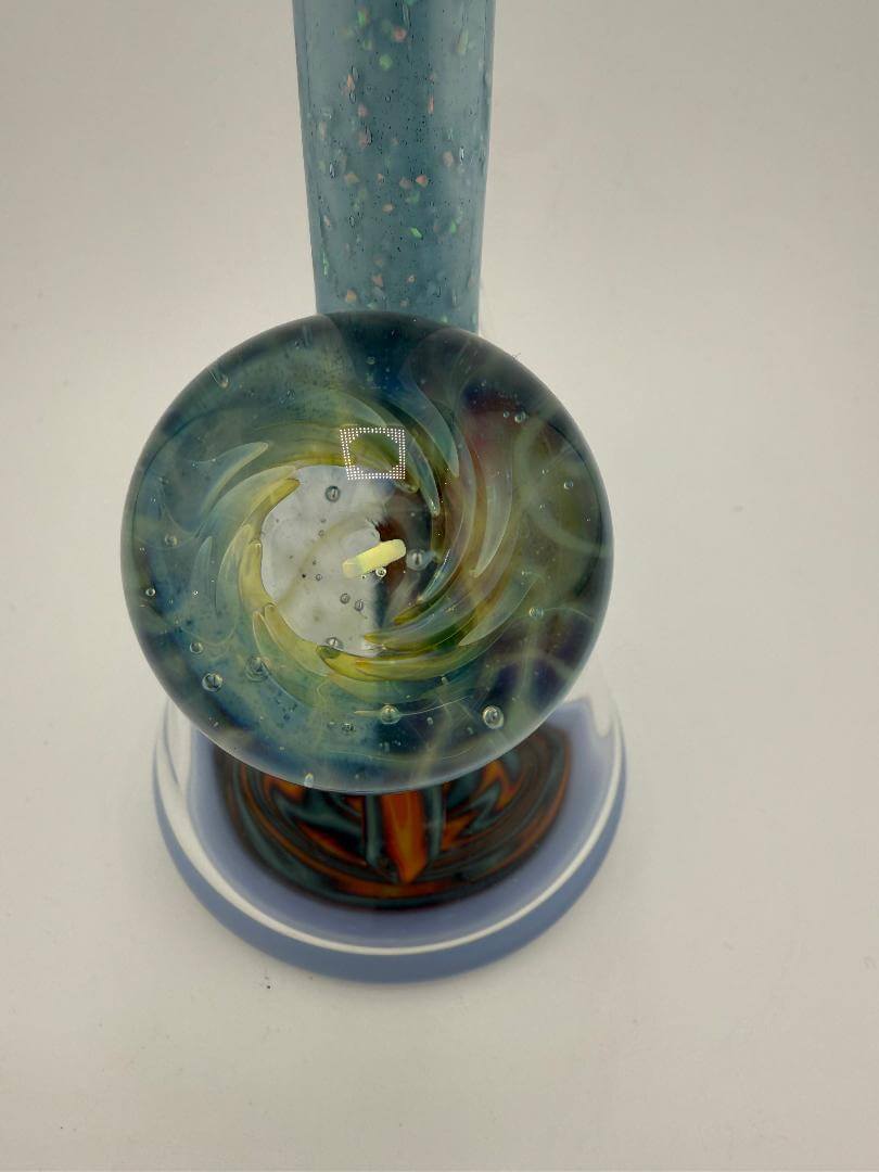 Highgrade Glass Super Worked Mini Beaker with blue crushed opal swirl design, handcrafted in Spokane, WA.
