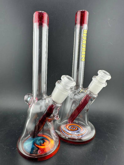 Highgrade Glass Mini Beaker - Color Accented Lip Wrap & Downstem w/ Wig Wag Reversal Bottom 10mm 45° with vibrant designs.