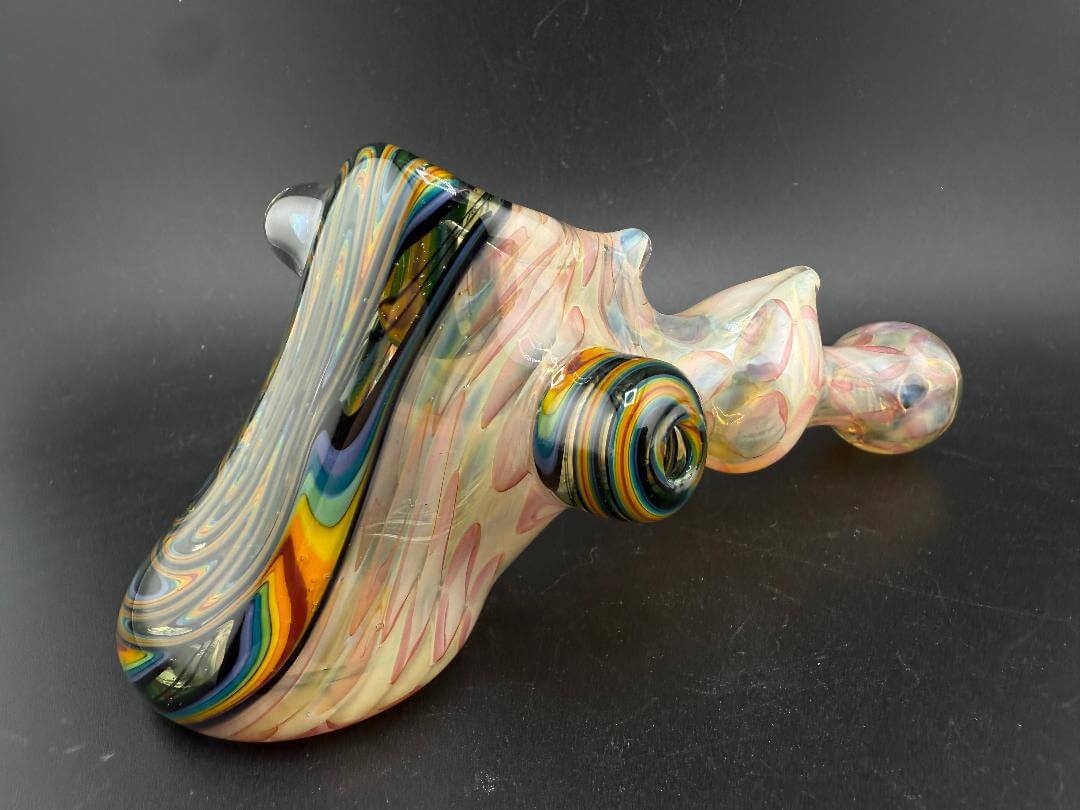 Highgrade Glass X Mop Head  Glass Hammer Pipe - Fumed Checkerboard w/ Rainbow Wig Wag Cap & Opal Encasement
