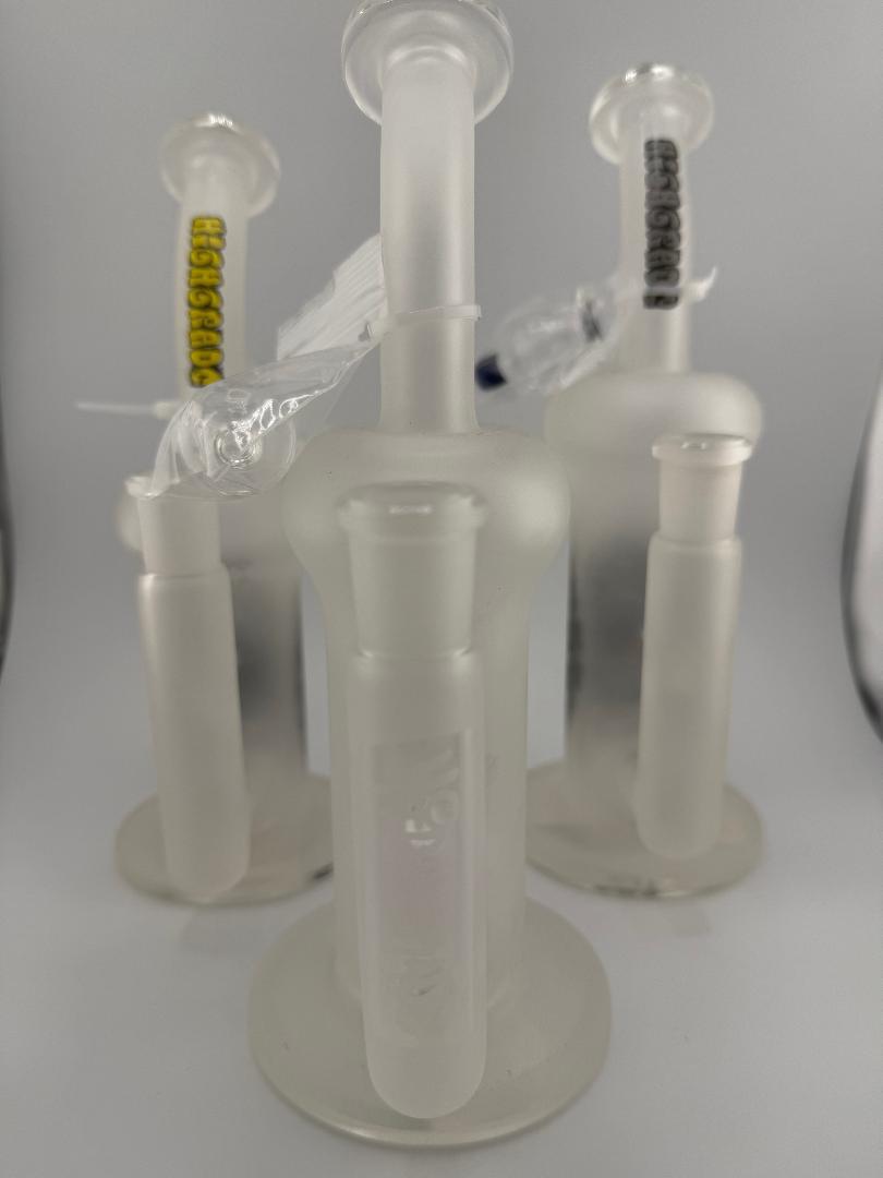 Highgrade Glass Sandblasted Inline Rig 14mm 90° showing premium sandblasted finish and unique design, handcrafted in Spokane, WA.