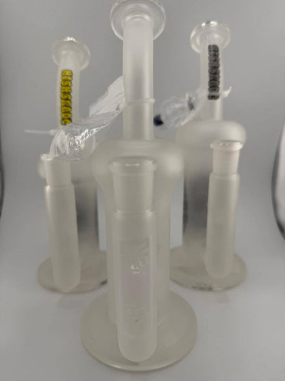 Highgrade Glass Sandblasted Inline Rig 14mm 90° showing premium sandblasted finish and unique design, handcrafted in Spokane, WA.