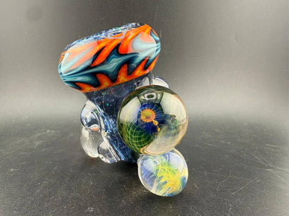 Highgrade Glass Sherlock Pipe - Fire & Ice , Crushed Opal Sections w/ Fumed Implosion Marbles on a black background.