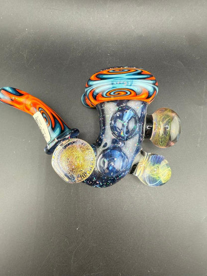 Highgrade Glass Sherlock Pipe - Fire & Ice , Crushed Opal Sections w/ Fumed Implosion Marbles view from above