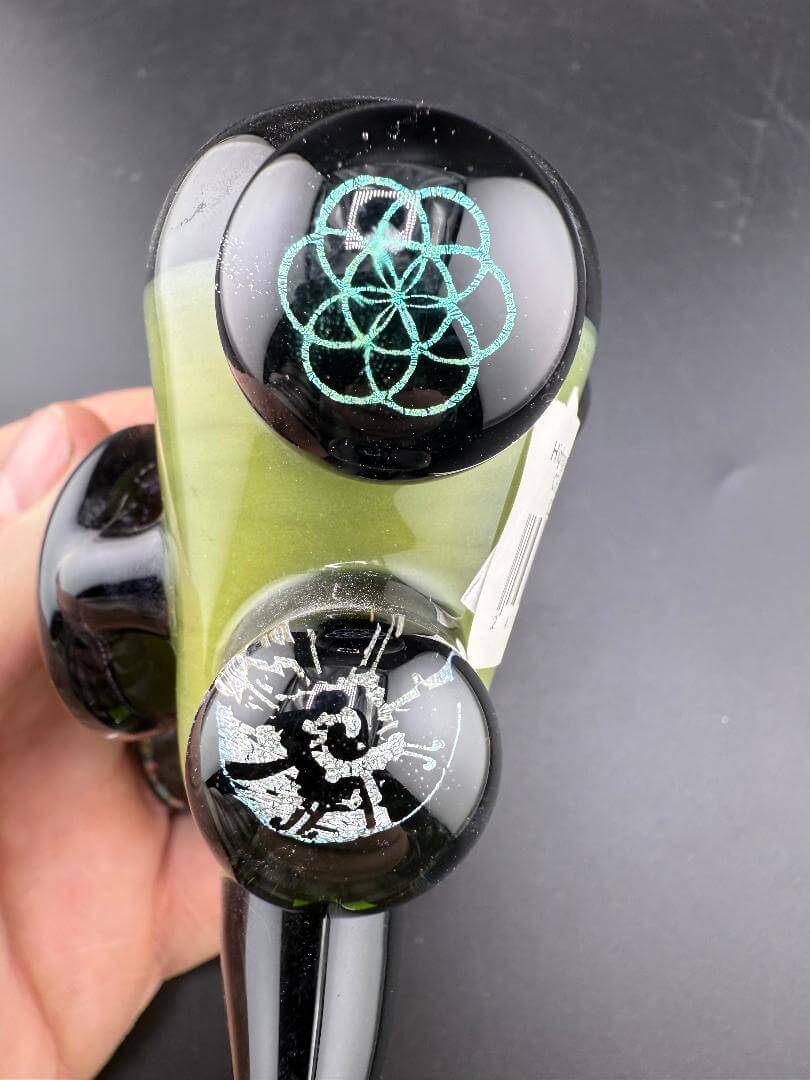 Highgrade Glass Sherlock Pipe - Green to Pink CFL w/ Large Dichro Pendant & Smaller Dichro Attachments top view