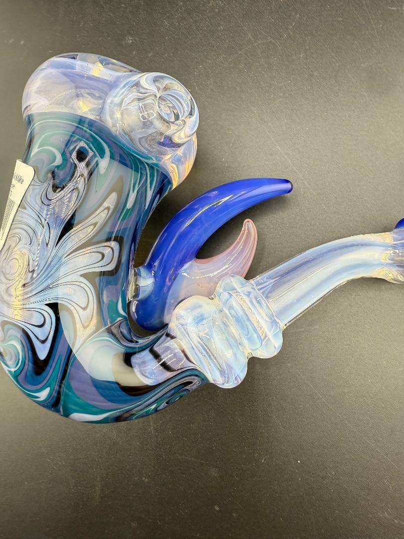 Highgrade Glass Sherlock Pipe - Pink & Blue Wig Wag Line Work w/ Matching Horns & Encased Opals