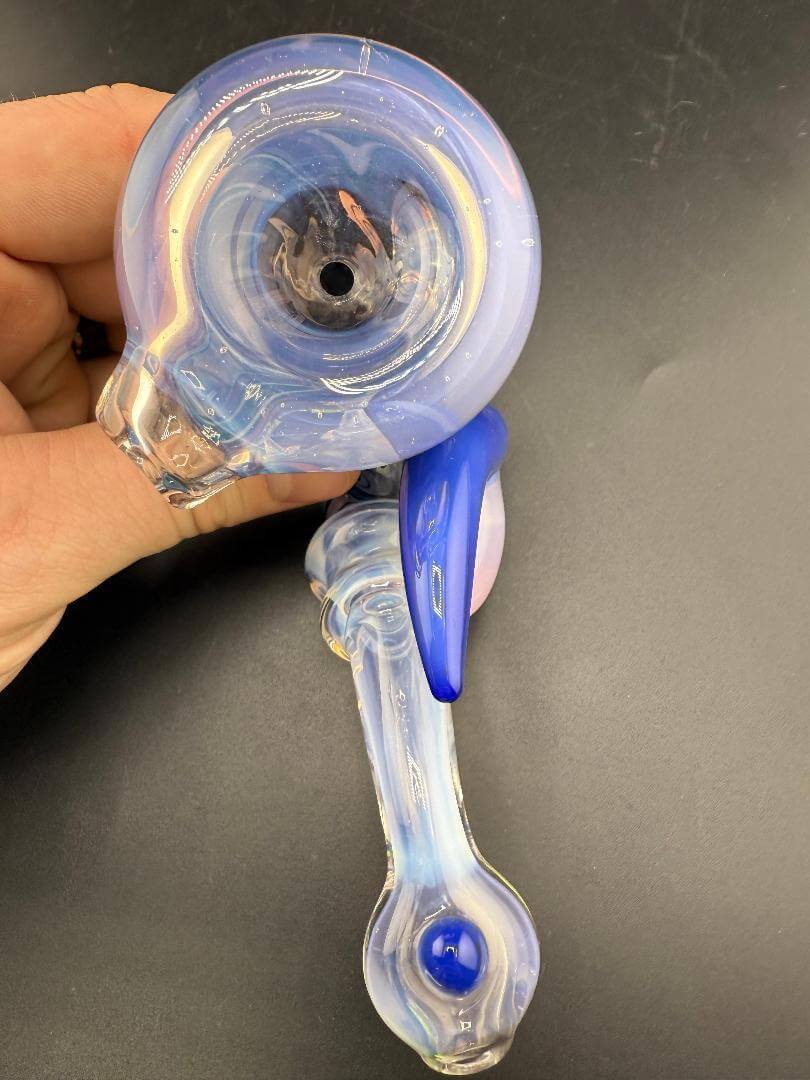 Highgrade Glass Sherlock Pipe - Pink & Blue Wig Wag Line Work w/ Matching Horns & Encased Opals in hand.