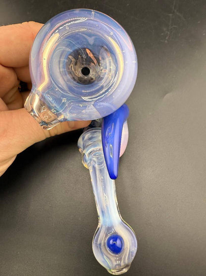 Highgrade Glass Sherlock Pipe - Pink & Blue Wig Wag Line Work w/ Matching Horns & Encased Opals in hand.