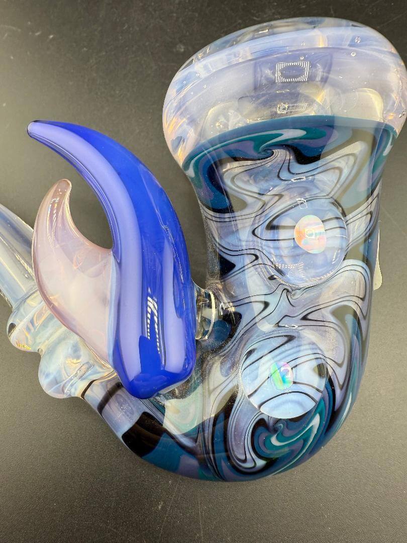 Highgrade Glass Sherlock Pipe - Pink & Blue Wig Wag Line Work w/ Matching Horns & Encased Opals