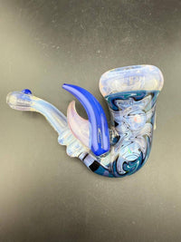 Highgrade Glass Sherlock Pipe - Pink & Blue Wig Wag Line Work w/ Matching Horns & Encased Opals
