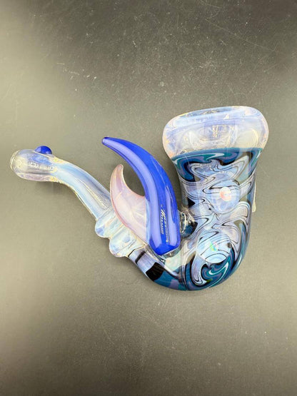 Highgrade Glass Sherlock Pipe - Pink & Blue Wig Wag Line Work w/ Matching Horns & Encased Opals