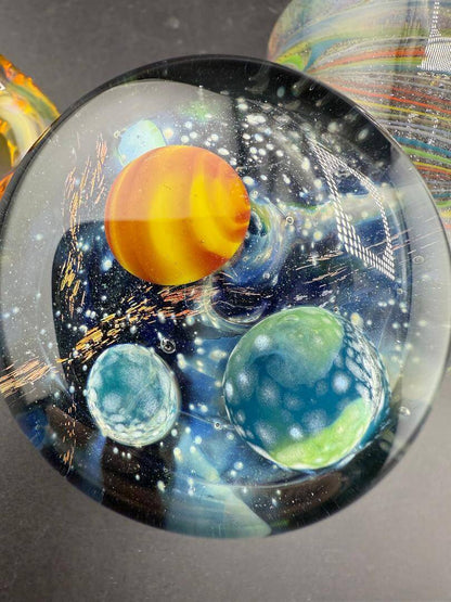 Highgrade Glass Sherlock Pipe - Rainbow Line Worked W/ Space & Planets Pendant with vibrant planetary designs.