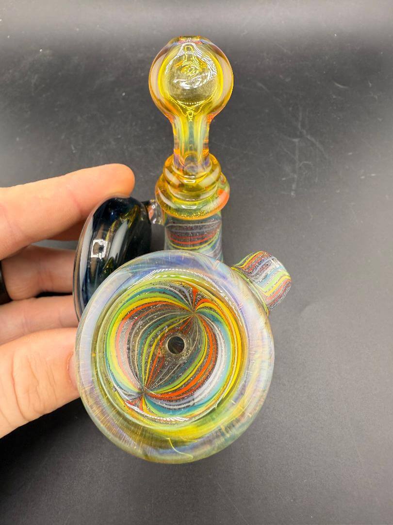 Highgrade Glass Sherlock Pipe - Rainbow Line Worked W/ Space & Planets Pendant featuring vibrant colors and unique design.