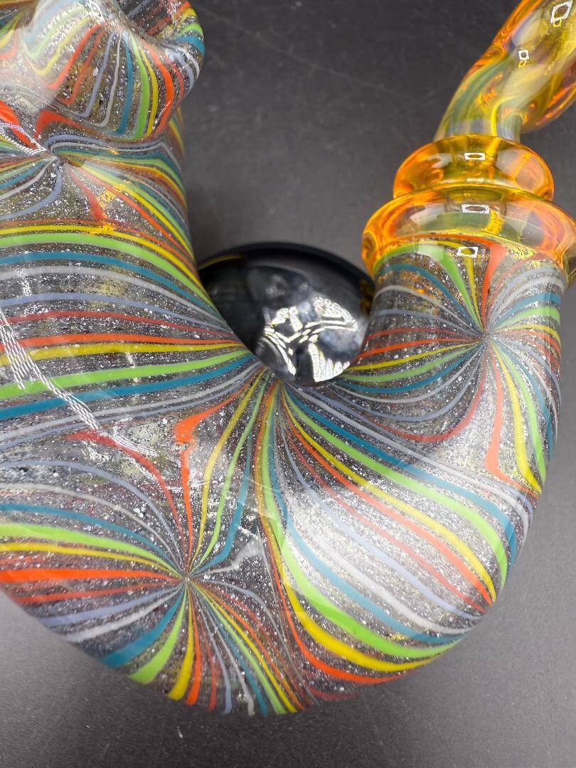 Highgrade Glass Sherlock Pipe - Rainbow Line Worked W/ Space & Planets Pendant showcasing vibrant patterns and colors.