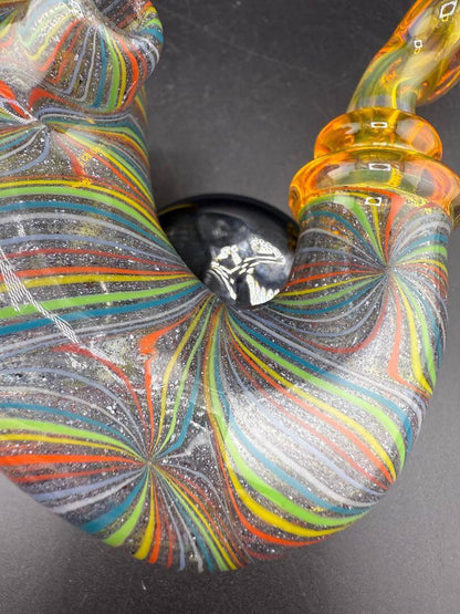 Highgrade Glass Sherlock Pipe - Rainbow Line Worked W/ Space & Planets Pendant showcasing vibrant patterns and colors.