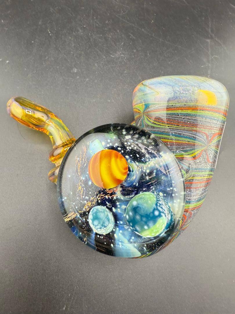 Highgrade Glass Sherlock Pipe - Rainbow Line Worked W/ Space & Planets Pendant with vibrant colors and detailed planet design.