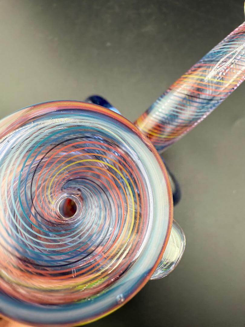 Highgrade Glass Sherlock Pipe- Red & Blue Line Work w/ Many Red & Blue Large Horns with vibrant swirling patterns.