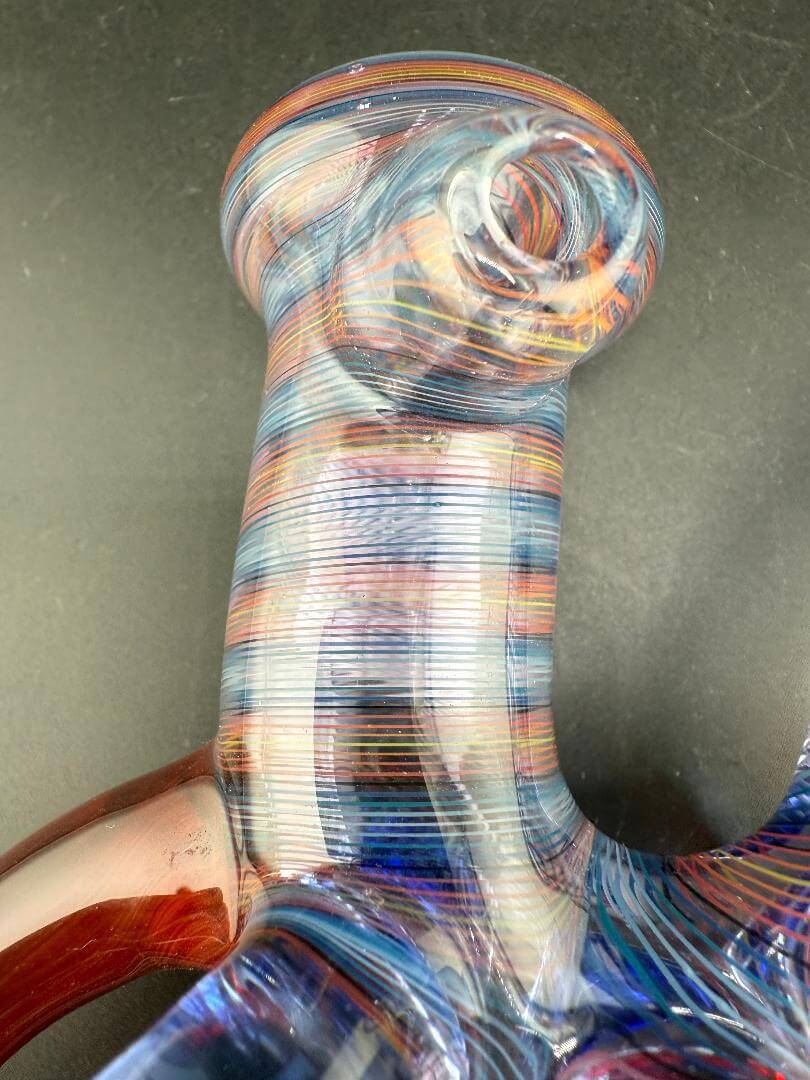 Highgrade Glass Sherlock Pipe- Red & Blue Line Work w/ Many Red & Blue Large Horns close-up detail