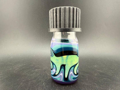Highgrade Glass Small Nug Jar - Green Purple & Blue Wig Wag w/ Opal, featuring vibrant colors and secure lid.