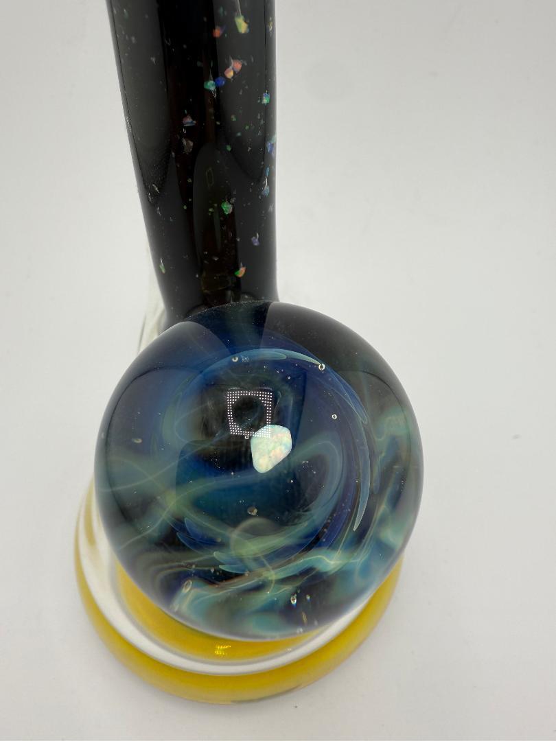 Highgrade Glass Mini Beaker with Black Crushed Opal and colorful swirls, handmade in Spokane, WA, showcasing heady American glass artistry.