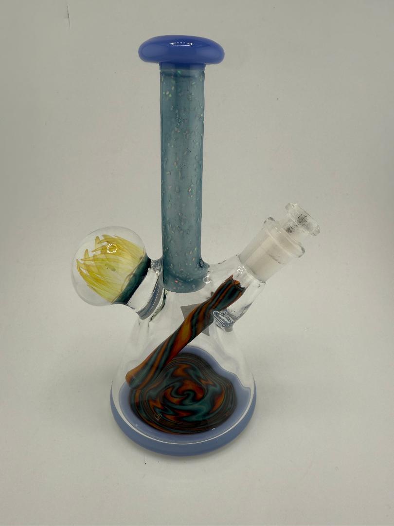 Handcrafted Highgrade Glass Mini Beaker with blue and brown swirls, featuring intricate design and functionality.