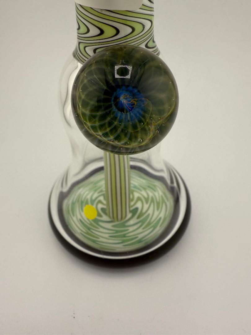 Highgrade Glass Super Worked Mini Beaker in green with intricate designs and a vibrant marble, handmade in Spokane, WA.