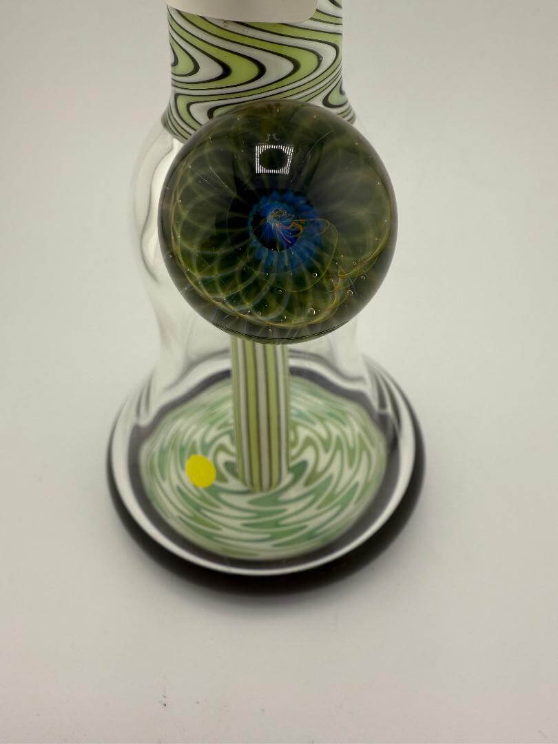 Highgrade Glass Super Worked Mini Beaker in green with intricate designs and a vibrant marble, handmade in Spokane, WA.