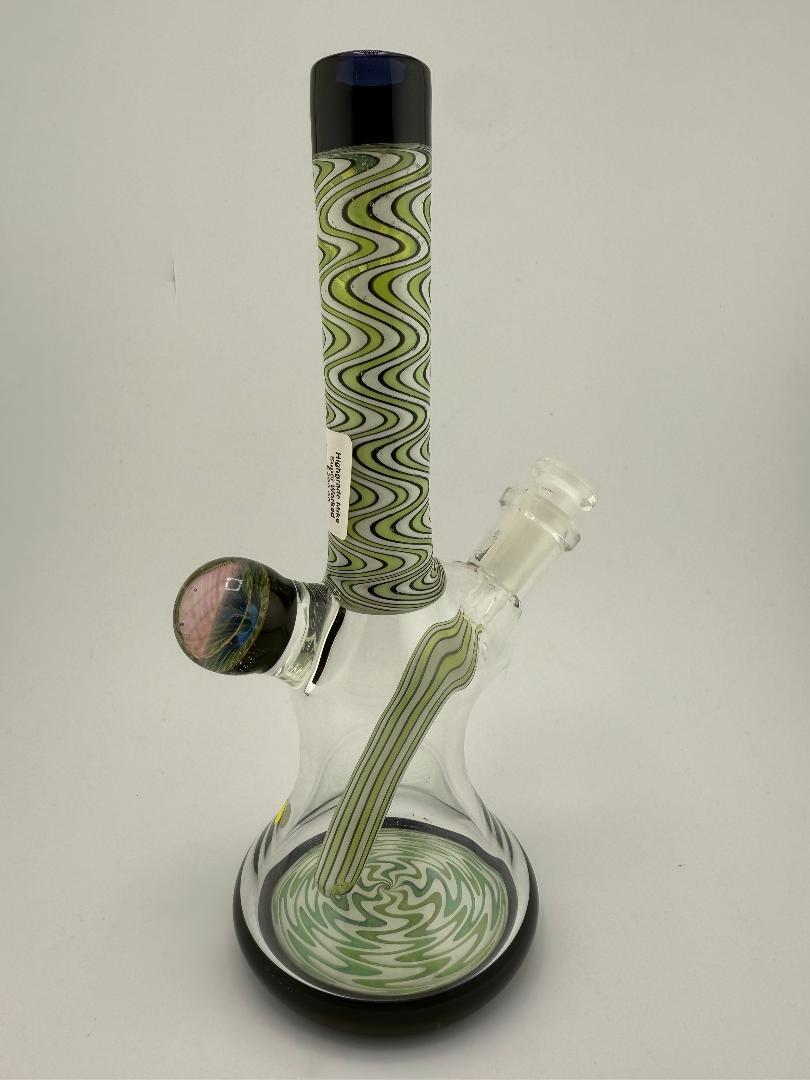 Highgrade Glass Super Worked Mini Beaker Green 10mm, handcrafted with intricate details, showcasing heady American glass art.