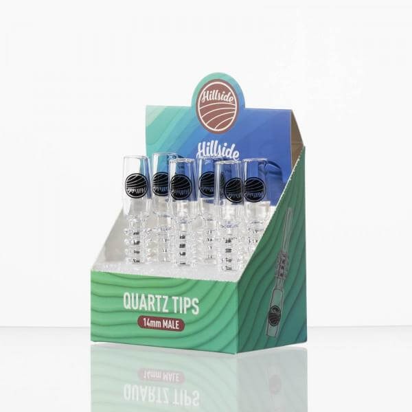 Display of Hillside Glass 14mm male quartz tips for nectar collectors, showcasing durability and heat retention.