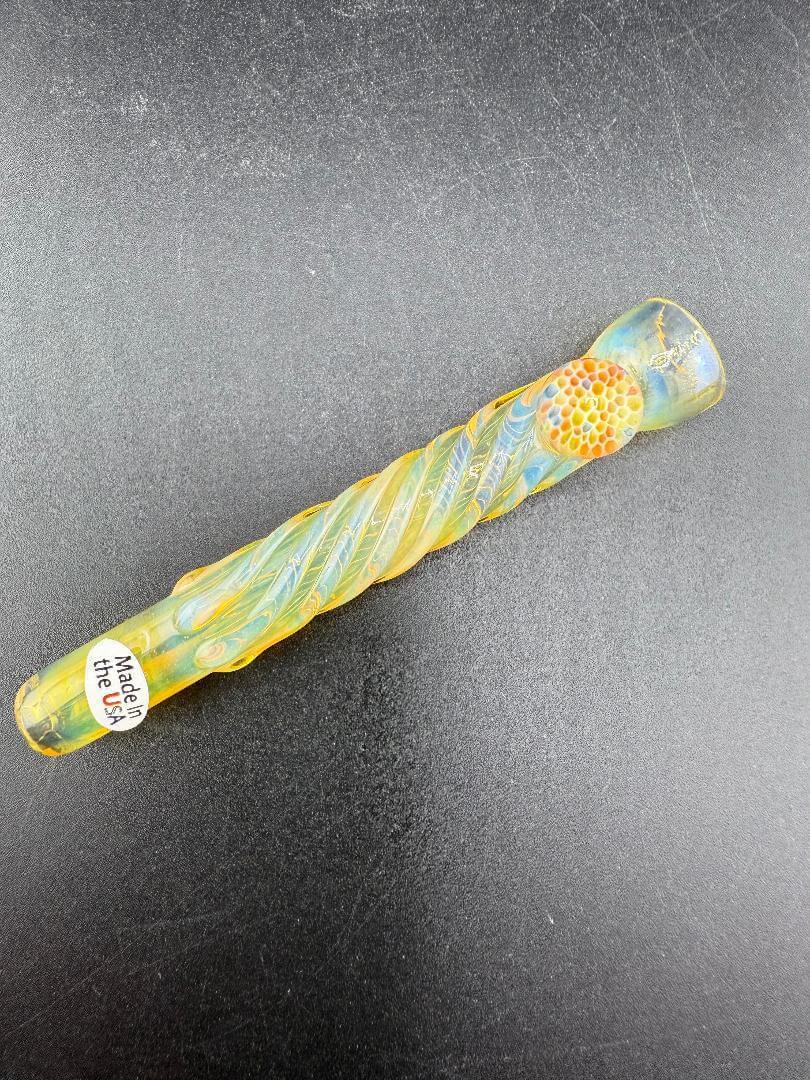 Home Blown Glass Chillum Pipe - Fumed & Twisted w/ Millie Accent on a dark surface