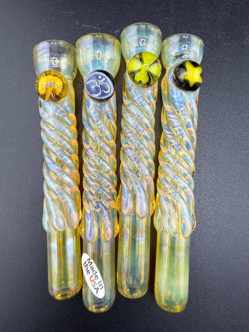 Home Blown Glass Chillum Pipe – Fumed & Twisted w/ Millie Accent in vibrant colors and unique designs.