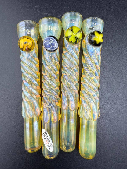 Home Blown Glass Chillum Pipe – Fumed & Twisted w/ Millie Accent in vibrant colors and unique designs.