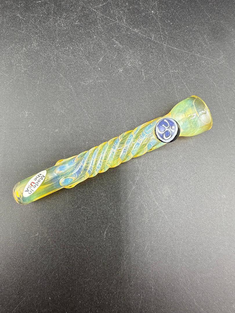 Home Blown Glass Chillum Pipe – Fumed & Twisted w/ Millie Accent, minimalist design with twisted shaping and millie accent.