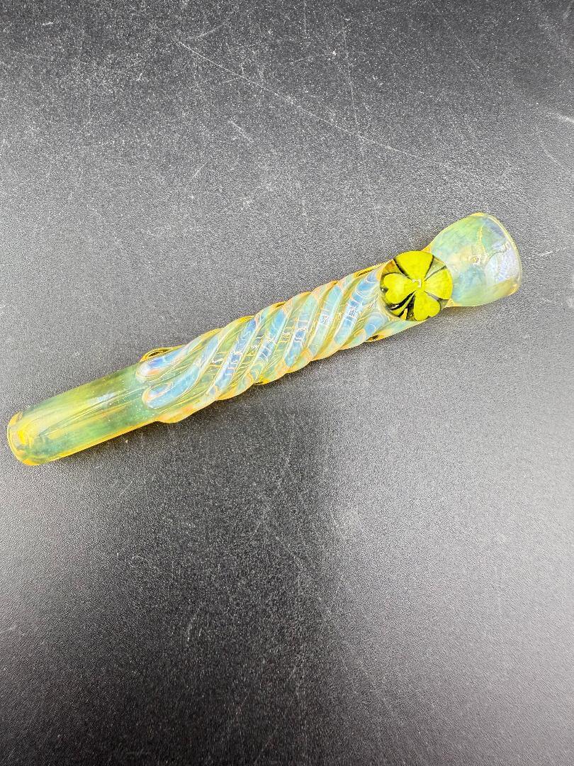 Home Blown Glass Chillum Pipe – Fumed & Twisted w/ Millie Accent with colorful twist design.