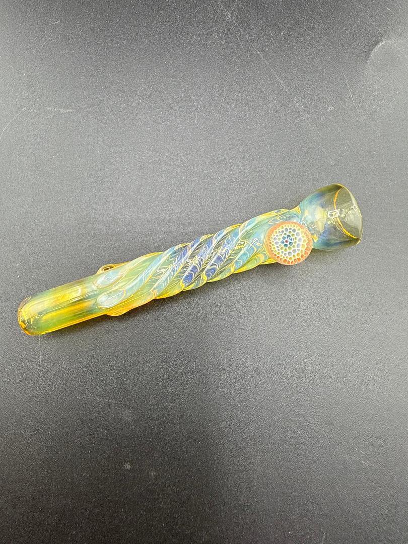 Home Blown Glass Chillum Pipe - Fumed & Twisted w/ Millie Accent, showcasing a twisted design and vibrant colors.