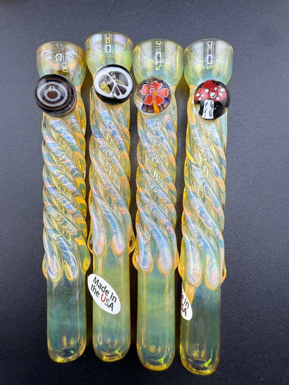 Home Blown Glass Chillum Pipe – Fumed & Twisted w/ Millie Accent - four unique, fumed glass chillum pipes with twisted design and accents.