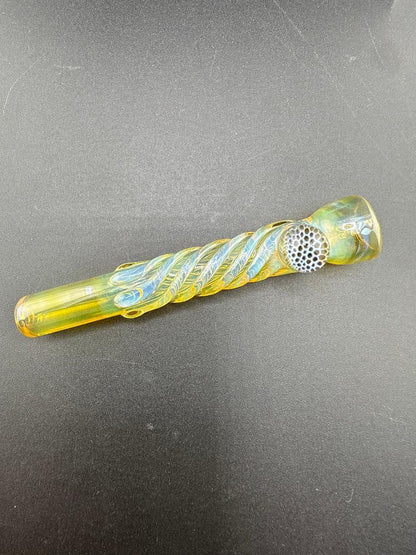 Home Blown Glass Chillum Pipe - Fumed & Twisted w/ Millie Accent on black background