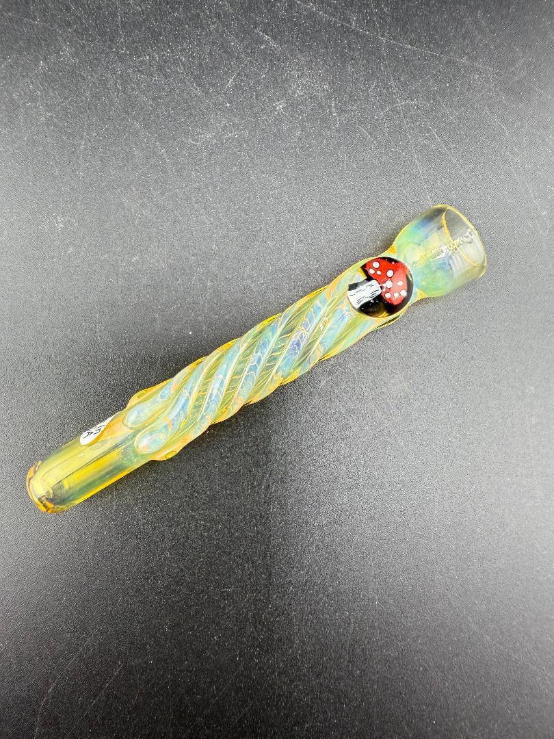 Home Blown Glass Chillum Pipe – Fumed & Twisted w/ Millie Accent featuring a twisted design and colorful millie detail.