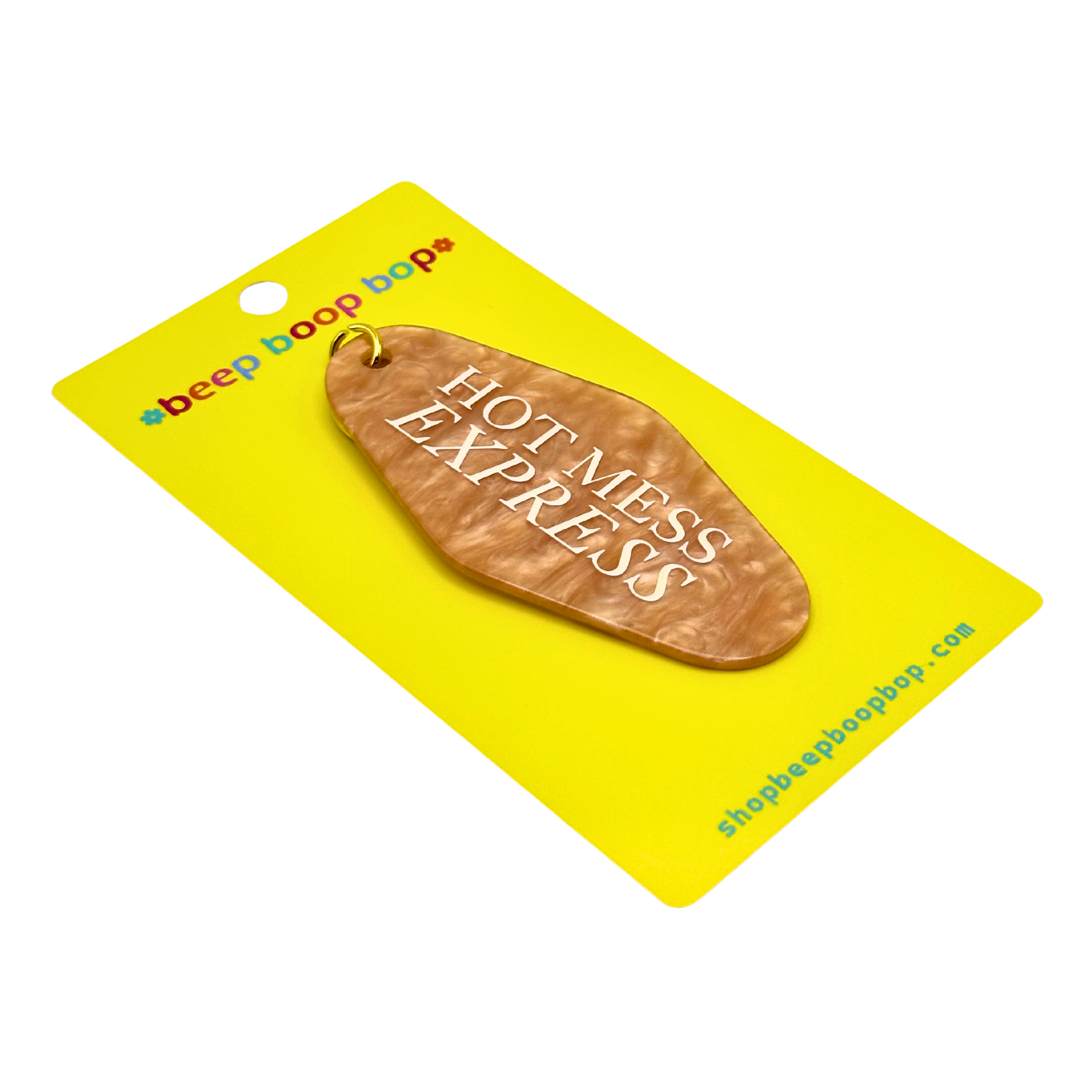Hot Mess Express | Keychain on yellow card by beep boop bop, showcasing fun and quirky design.