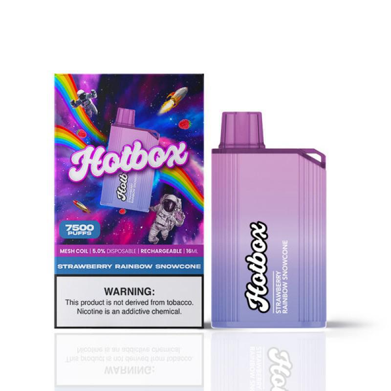 Hotbox 7500 Disposable Vape featuring Strawberry Rainbow Snowcone flavor and vibrant packaging design.